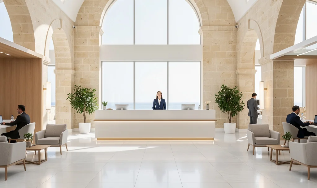 Bureau d'un dirigeant non-résident avec passeport, statuts de société maltaise et ordinateur portable affichant un relevé de compte professionnel