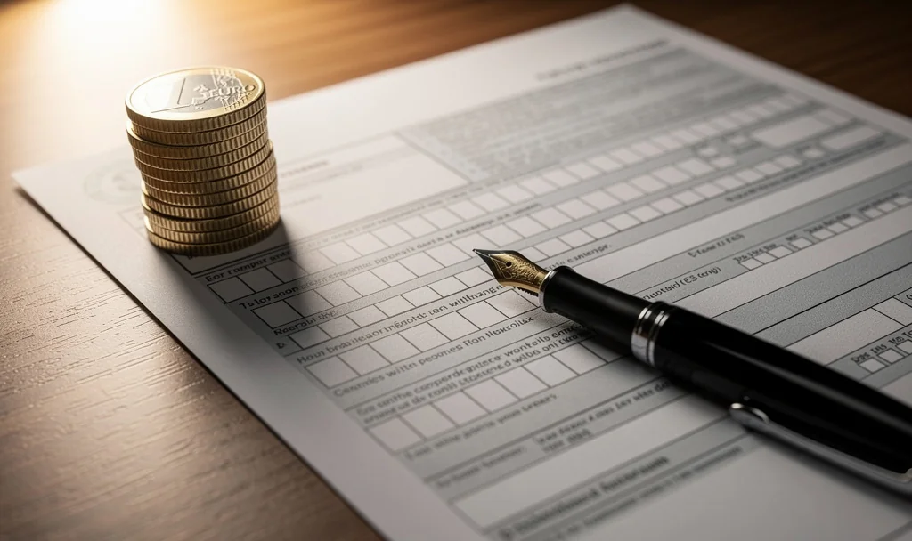 Calculatrice et déclaration fiscale posées sur une table, illustrant le remboursement d'impôt aux actionnaires d'une société maltaise